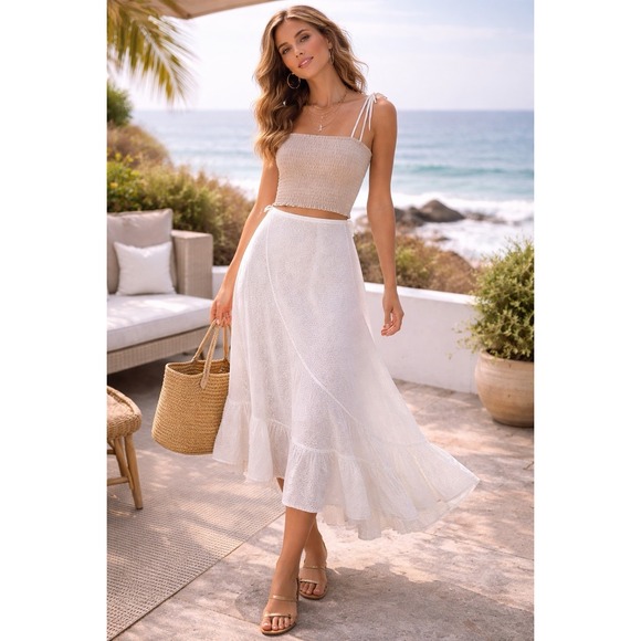 NY Collection Dresses & Skirts - White Eyelet Asymmetrical Midi Skirt Bias Cut Cottagecore Ruffle Hem Coastal L